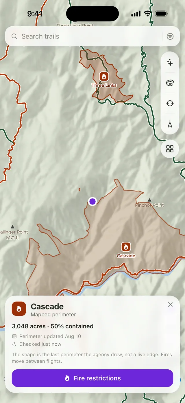 Three wildfire perimeters drawn on the Huck map — Three Links, Cascade and Wolf Creek — each with a flame badge, and a card reading: Cascade, mapped perimeter, 3,048 acres, 50 percent contained, perimeter updated August 10.