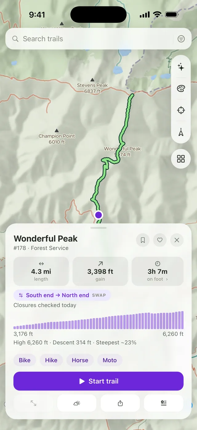 Loop Creek trail card: Forest Service trail 326, 14.1 miles, 4,361 feet of gain, estimated 6 hours 53 minutes, an elevation profile rising from 3,219 to 4,243 feet, and use chips for ATV, bike, hike, horse and moto.